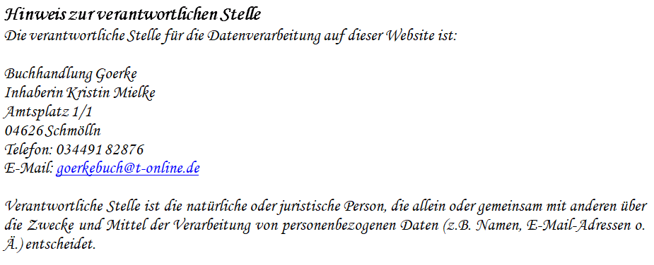 Datenschutzerklärung - Buchhandlung Goerke - Inh. Kristin Mielke - Schmölln/Thür.